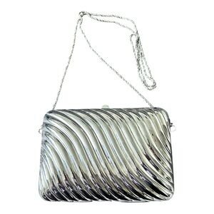 Sasha Silver Metallic Clam Shell Evening Bag with Chain Strap